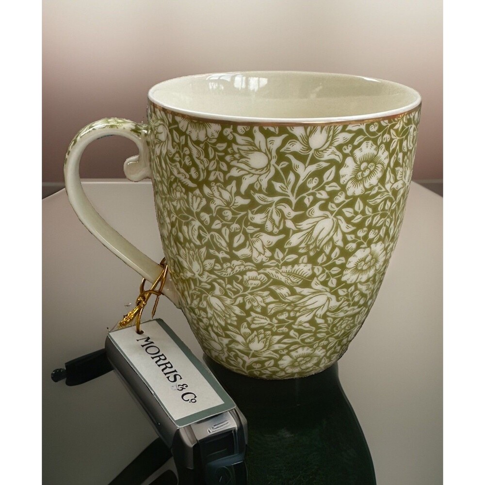 William Morris & Co Premium Porcelain Green White Floral Gold Rim Mug Cups NEW